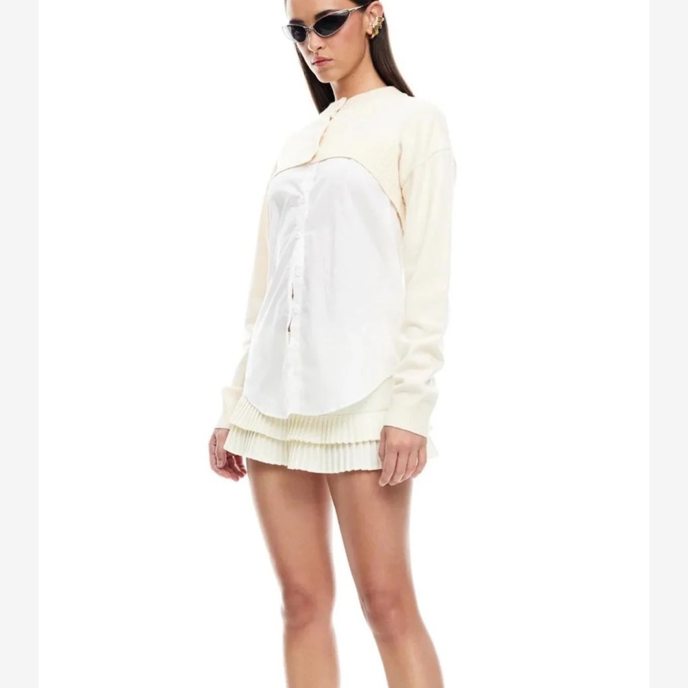 💥Lioness Academy Shirt Ivory Mixed Media Sweater Button Down Top Size L